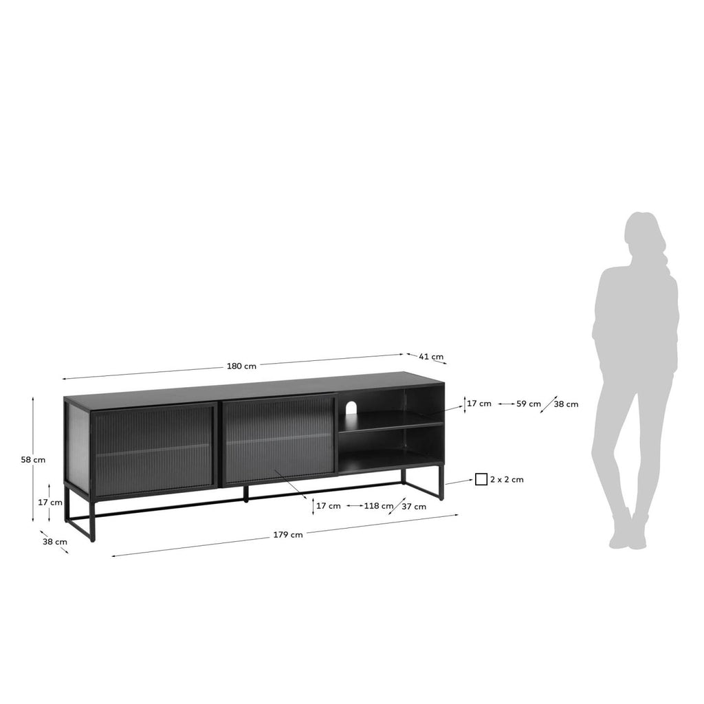 Trixie steel TV stand with 2 doors in a black painted finish, 180 x 50 cm
