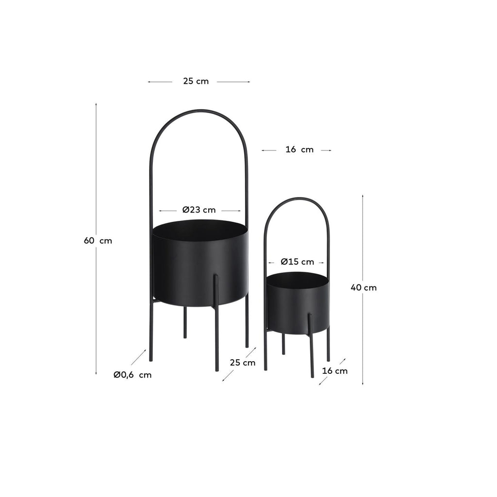 Set of 2 Mash planters with black metal handle Ø 25 cm / Ø 16,5 cm