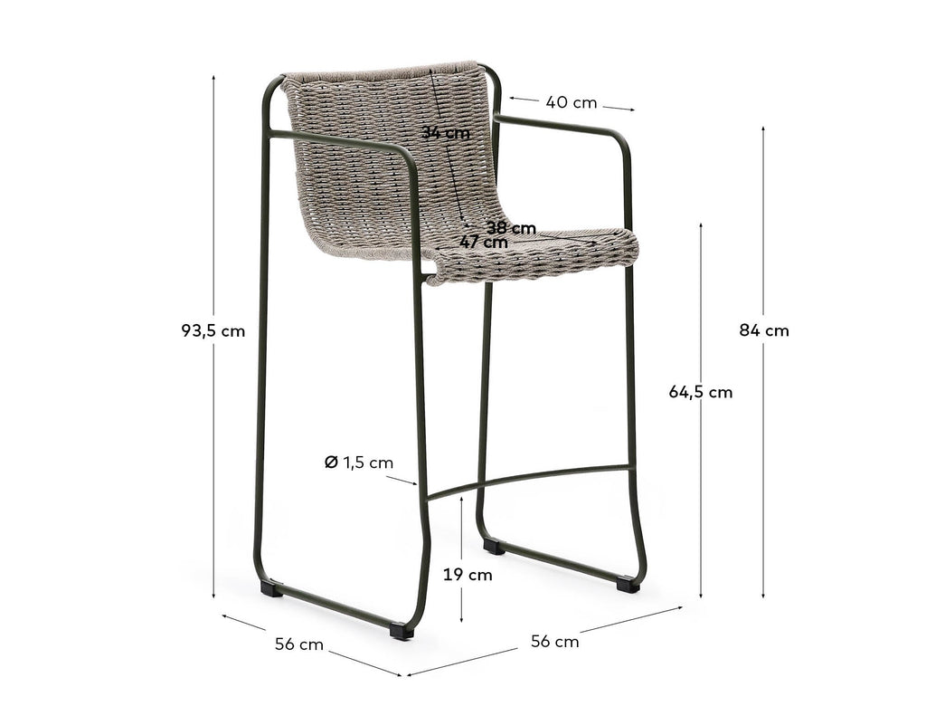 Maurina stool in green galvanised steel and ecru and grey rope cord 64,5cm
