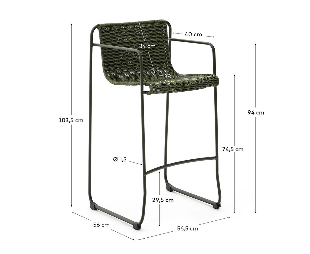 Maurina stackable stool in green galvanised steel and green rope cord 74,5cm
