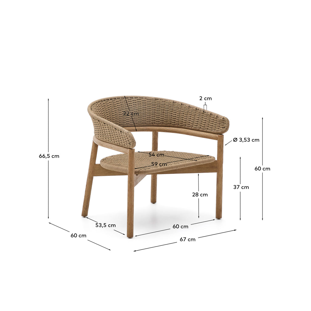 Arinella armchair in FSC 100% solid acacia wood with natural finish and beige rope cord