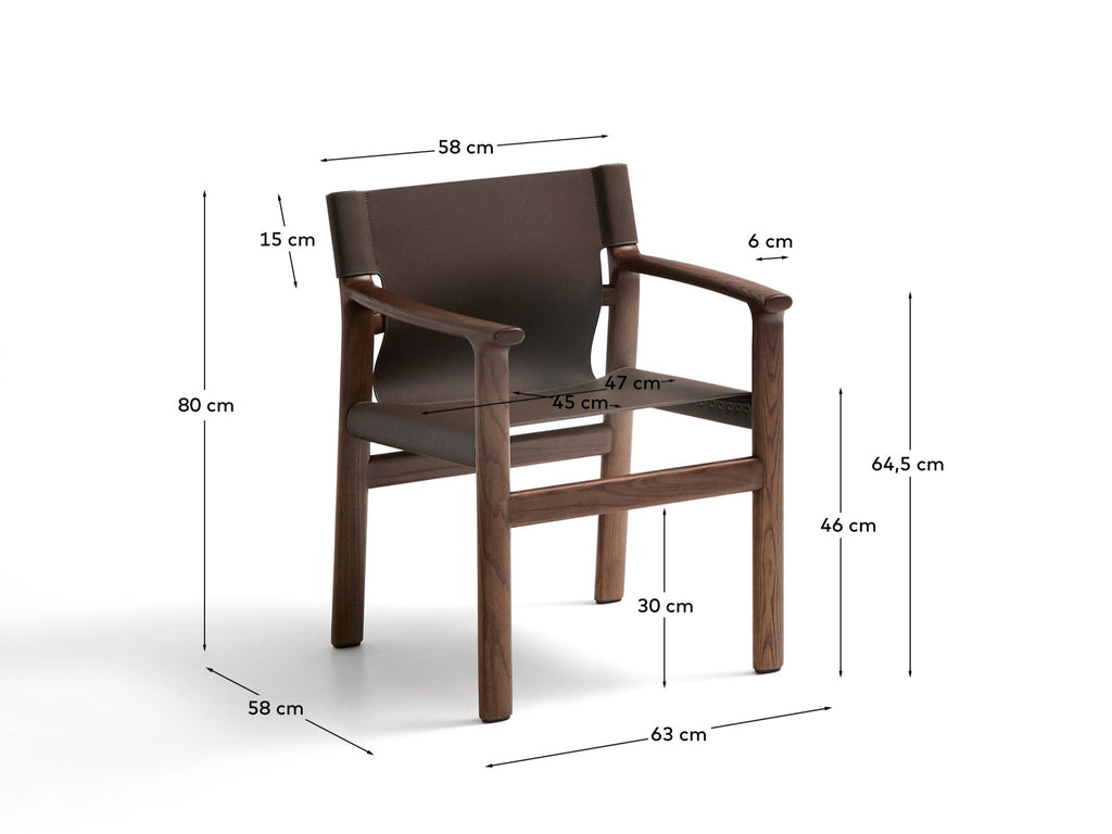 Jan chair made of dark brown recycled leather fibres and FSC 100% solid ash wood with walnut-coloured finish