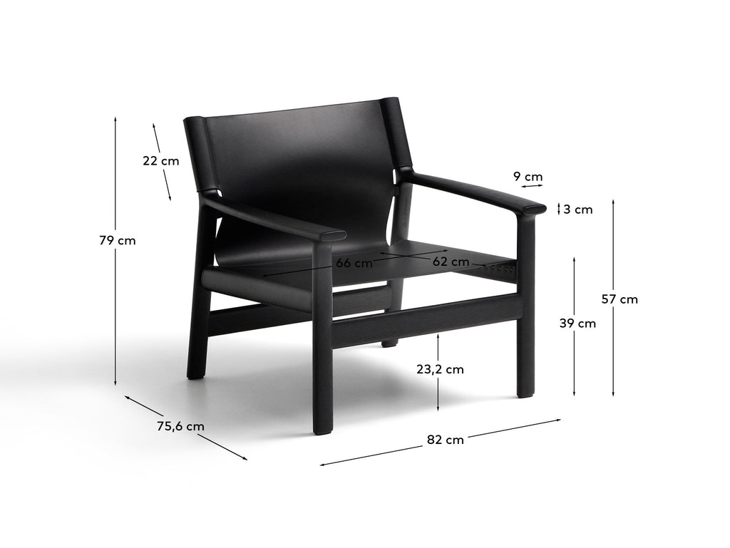 Jan armchair made of black recycled leather fibres and FSC 100% solid ash wood with black finish