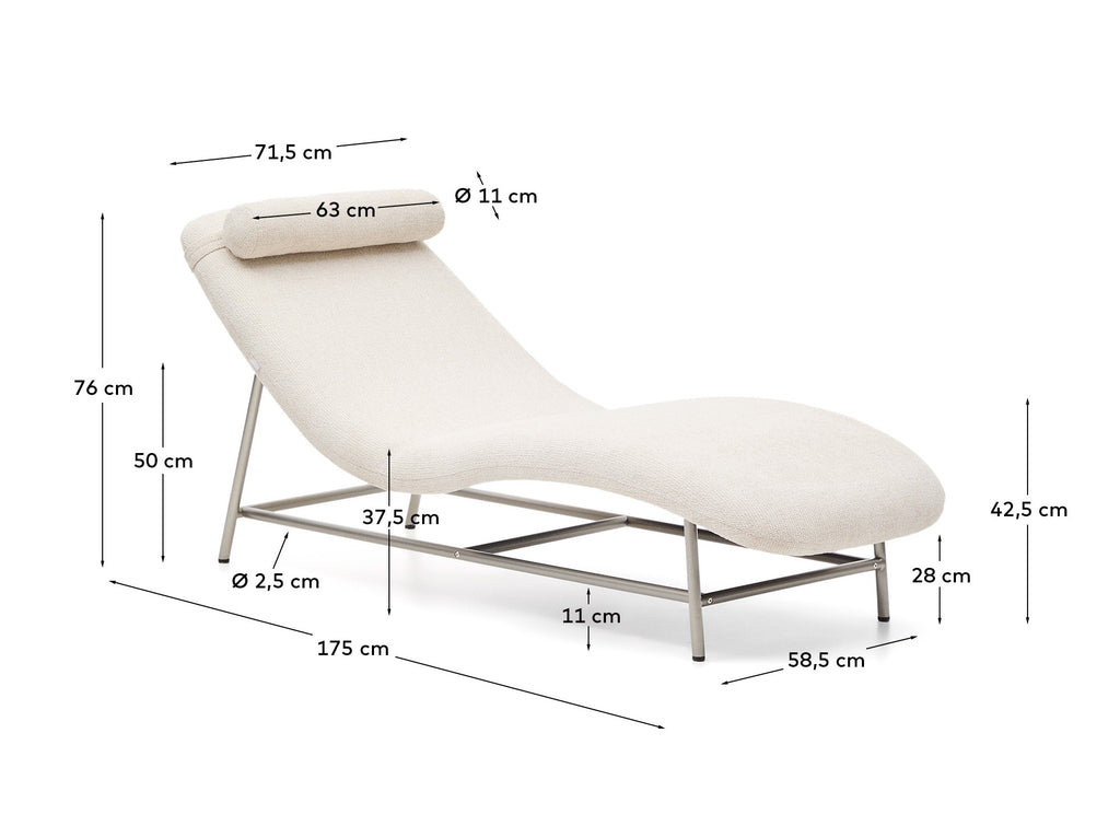Osla divan in beige chenille with brushed stainless steel legs 175 cm