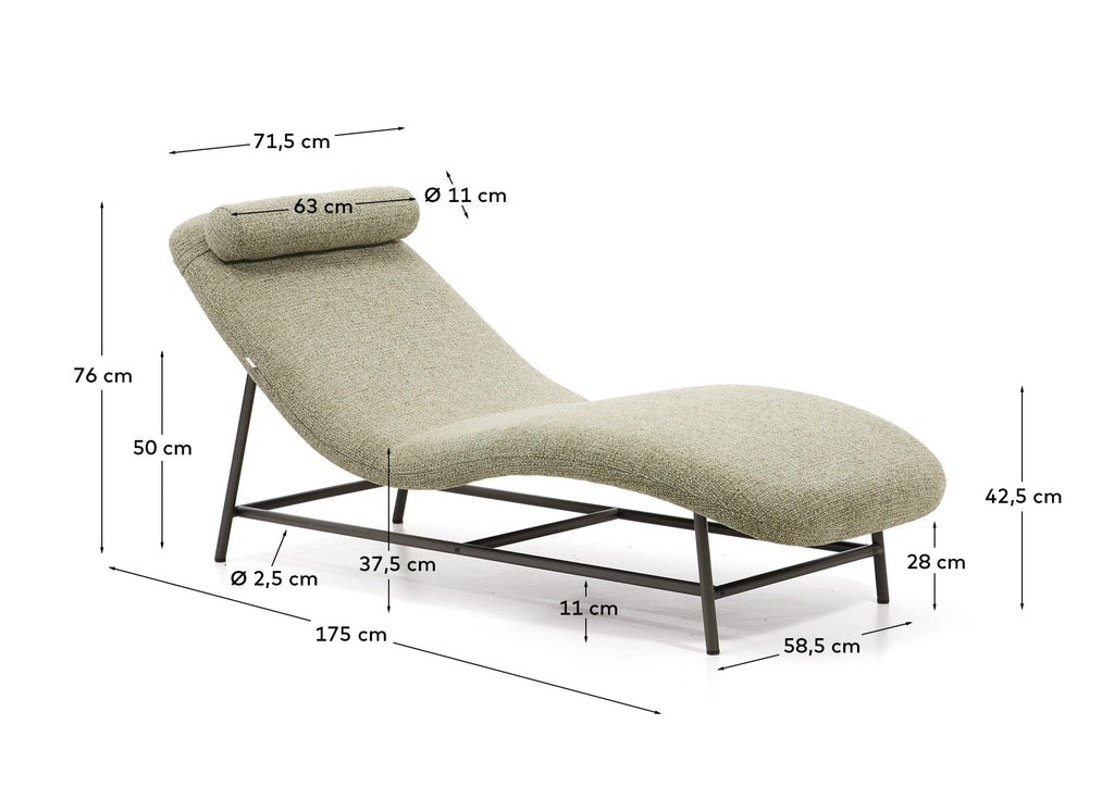 Osla divan in green chenille with brushed stainless steel legs 175 cm