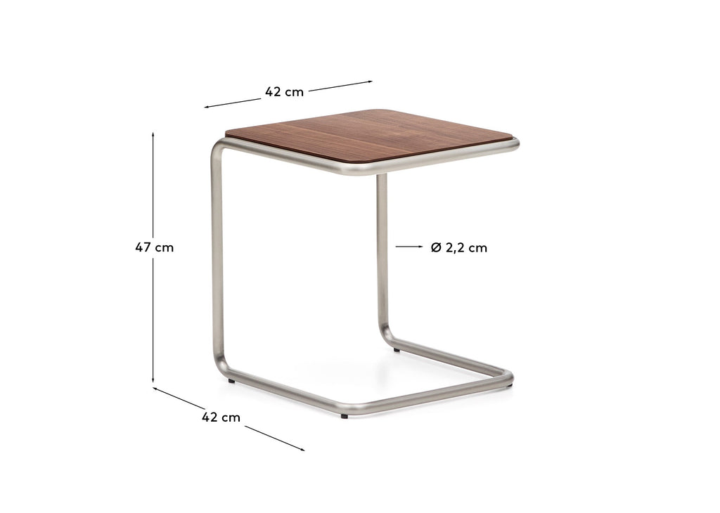 Tarsel side table in FSC 100% walnut veneer with brushed stainless steel structure 42 x 47cm