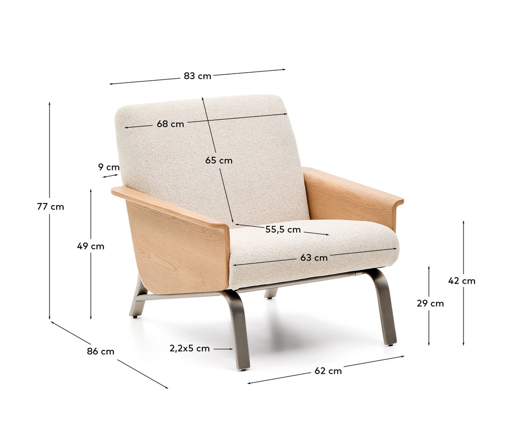 Amsen beige armchair in oak plywood with legs in brushed stainless steel FSC 100%