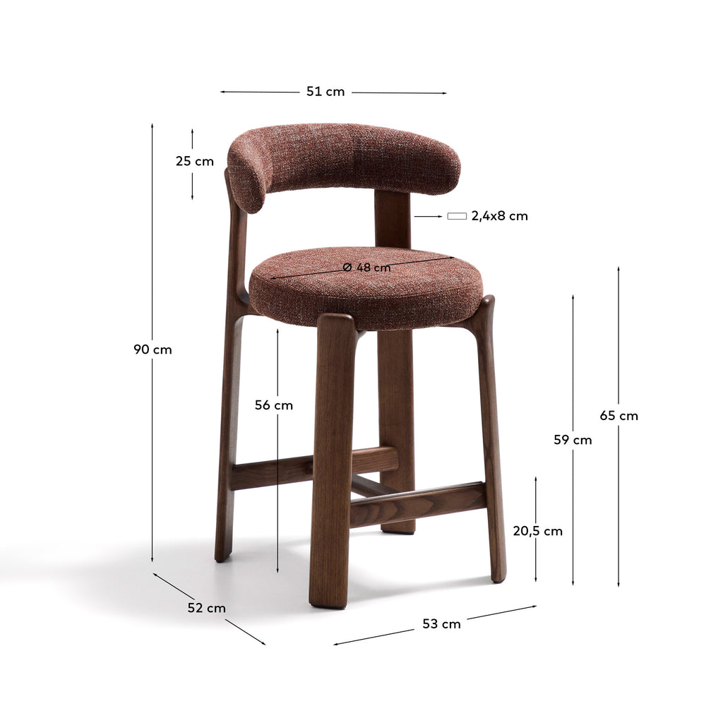 Granite stool in brown chenille and solid ash wood with walnut-coloured finish FSC 100% 65cm