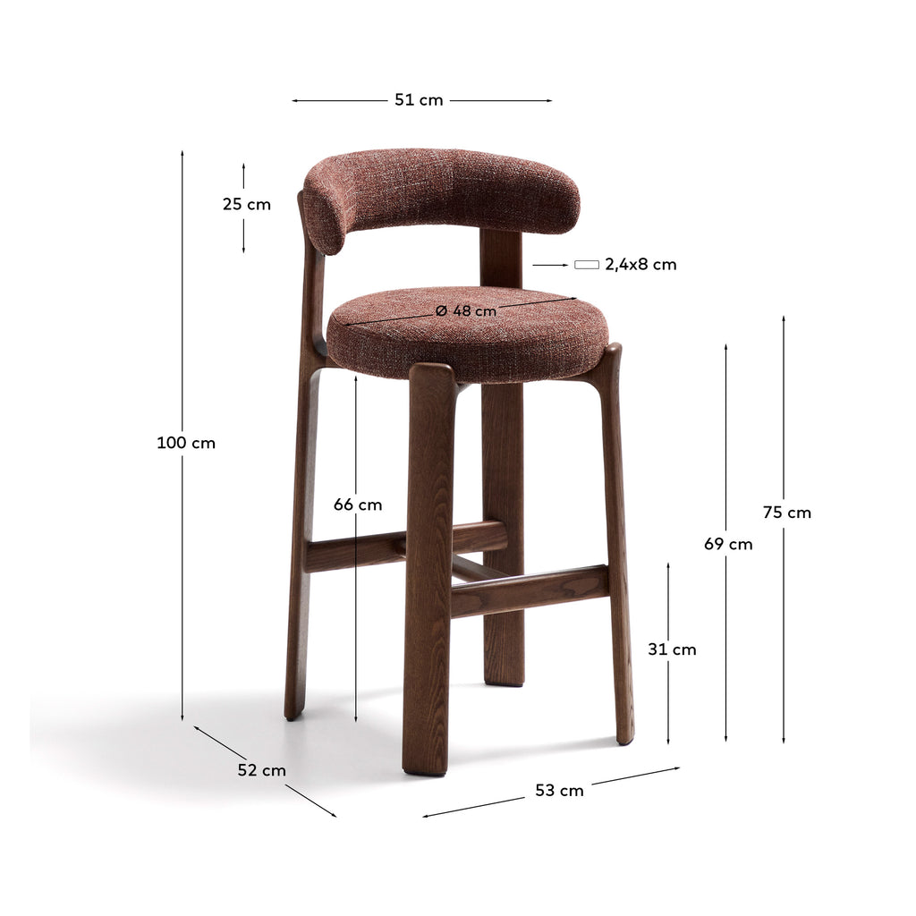 Granite stool in brown chenille and solid ash wood with walnut-coloured finish FSC 100% 75cm