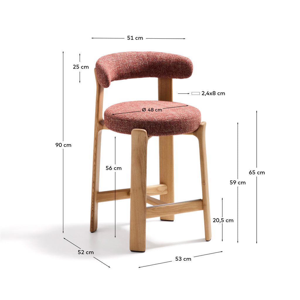 Granite stool in terracotta chenille and solid ash wood with natural tone finish FSC 100% 65cm
