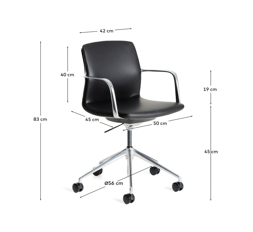 Nerlan desk chair in black faux leather with aluminium frame