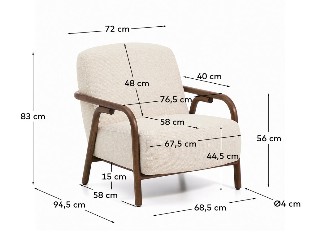 Sylo armchair in beige chenille and solid ash wood with walnut-coloured finish FSC 100%