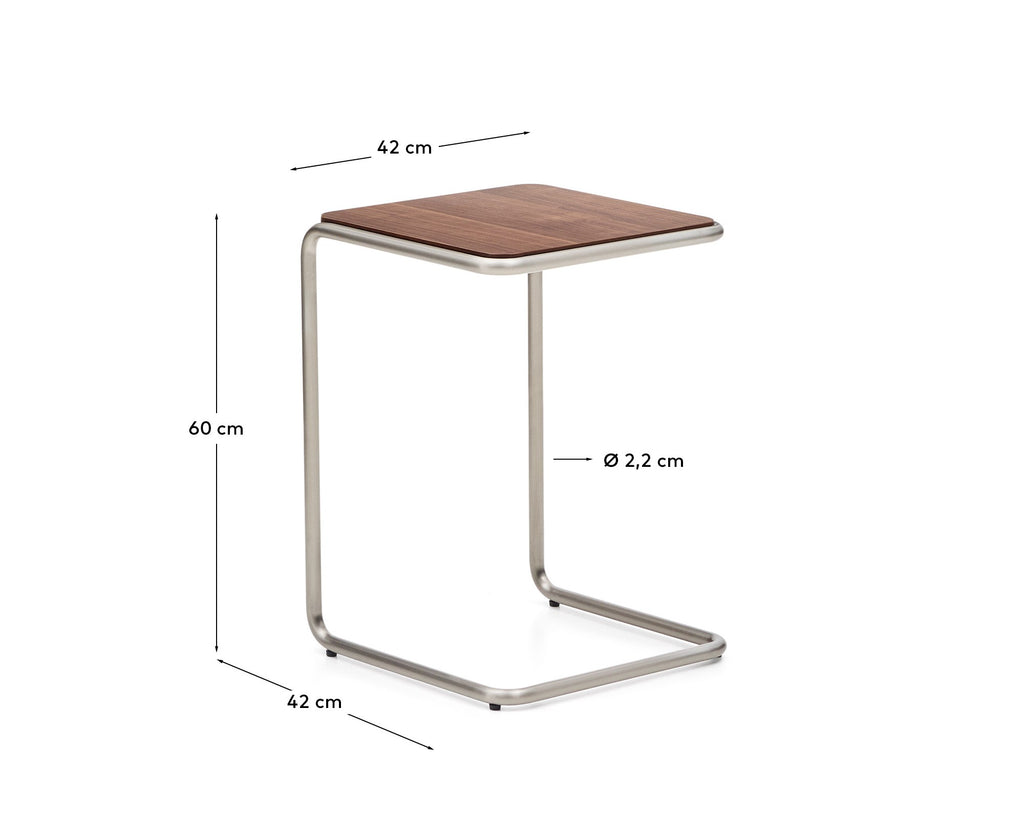 Tarsel side table in FSC 100% walnut veneer with brushed stainless steel structure 42 x 60cm
