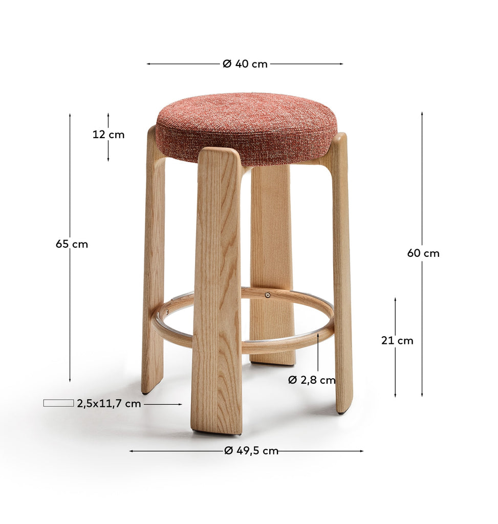 Granite stool in terracotta chenille and solid ash wood with a natural tone finish FSC 100% 65cm