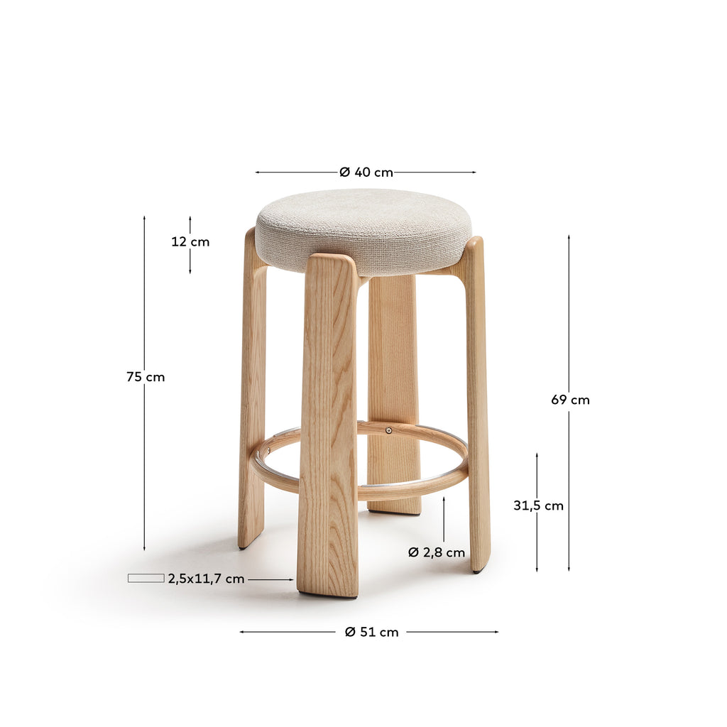 Granite stool made of beige chenille and solid ash wood with natural tone finish FSC 100% 75cm