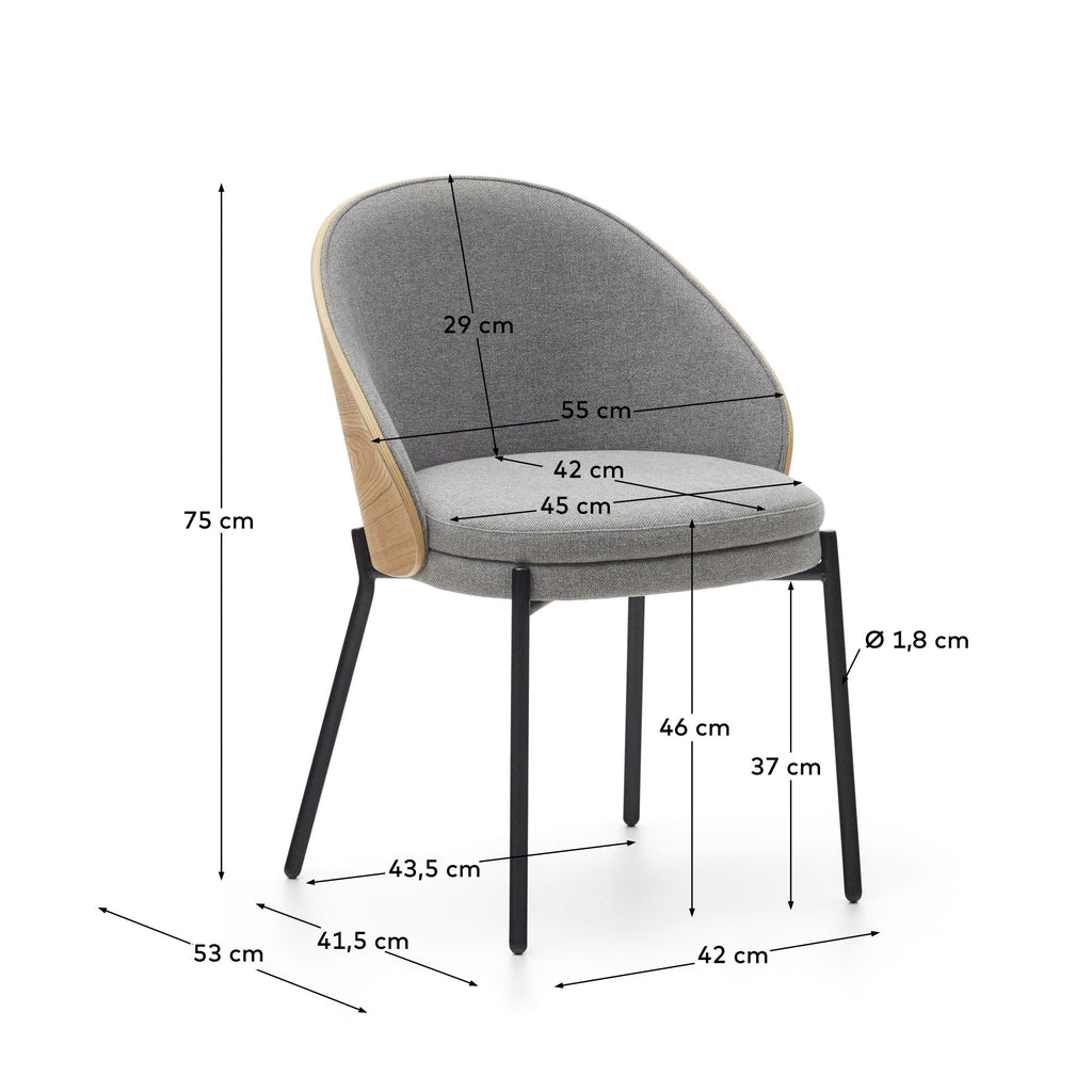 Eamy chair light grey chenille and ash wood veneer with a natural finish and black metal