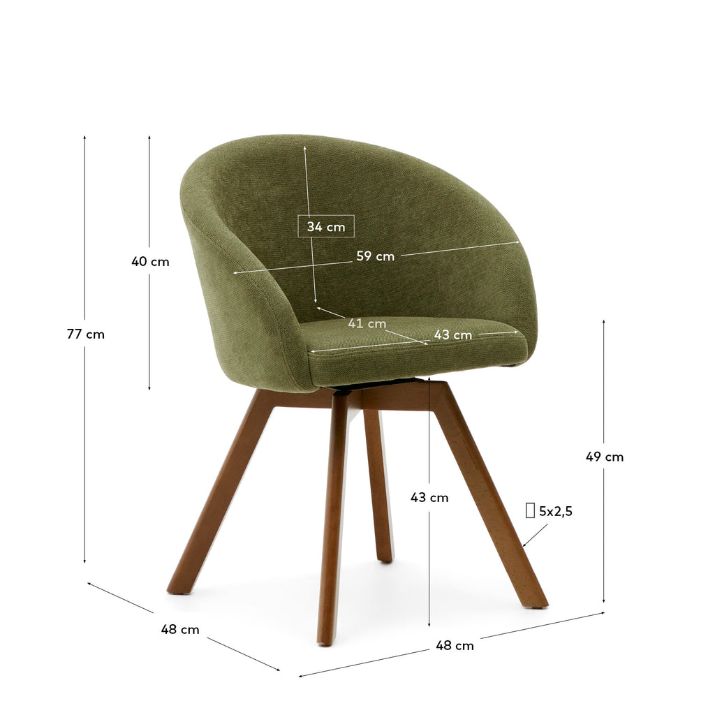 Marvin green chenille swivel chair with solid beech wood legs with a walnut finish FSC 100%