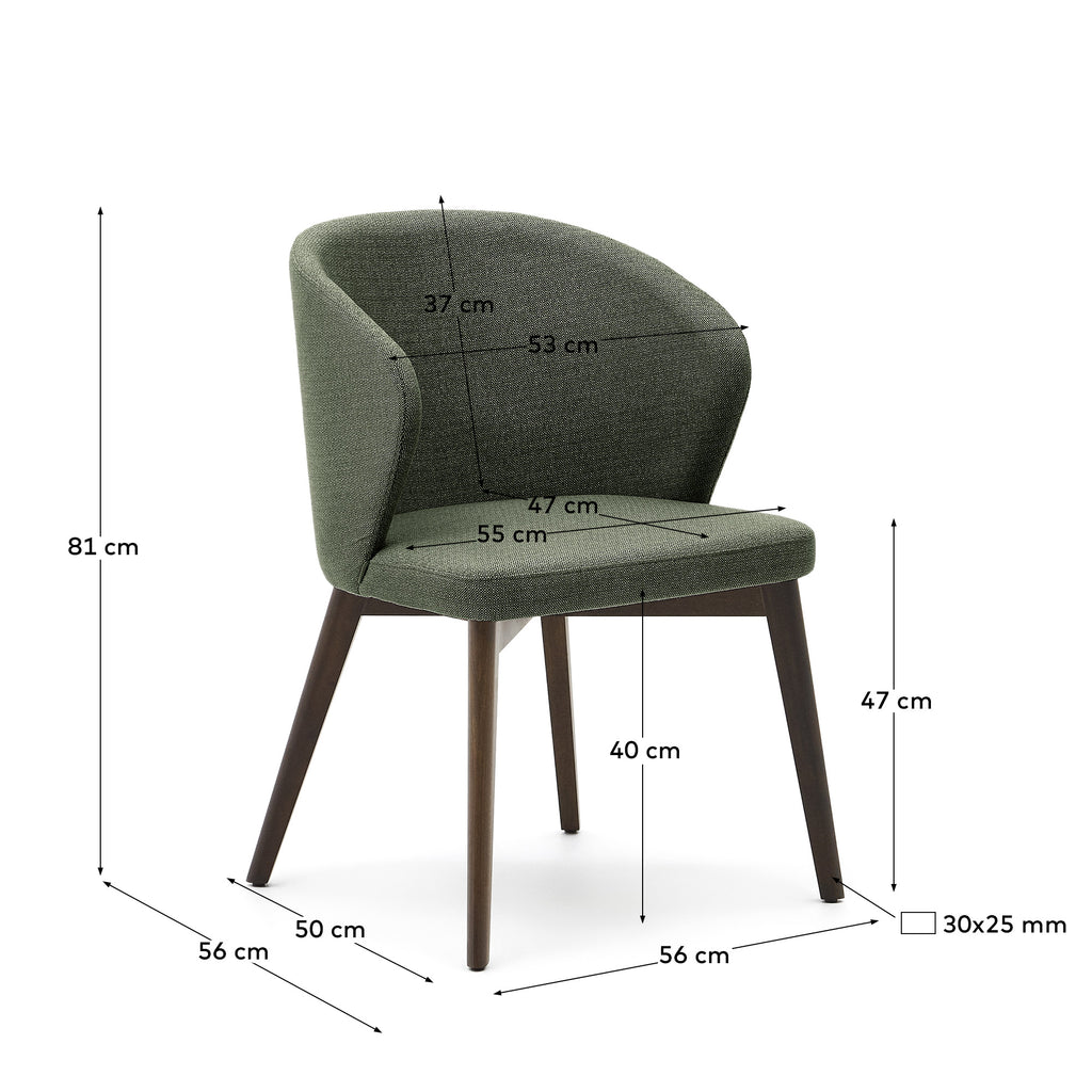 Darice chair in green chenille and solid beech wood in a walnut finish FSC 100%