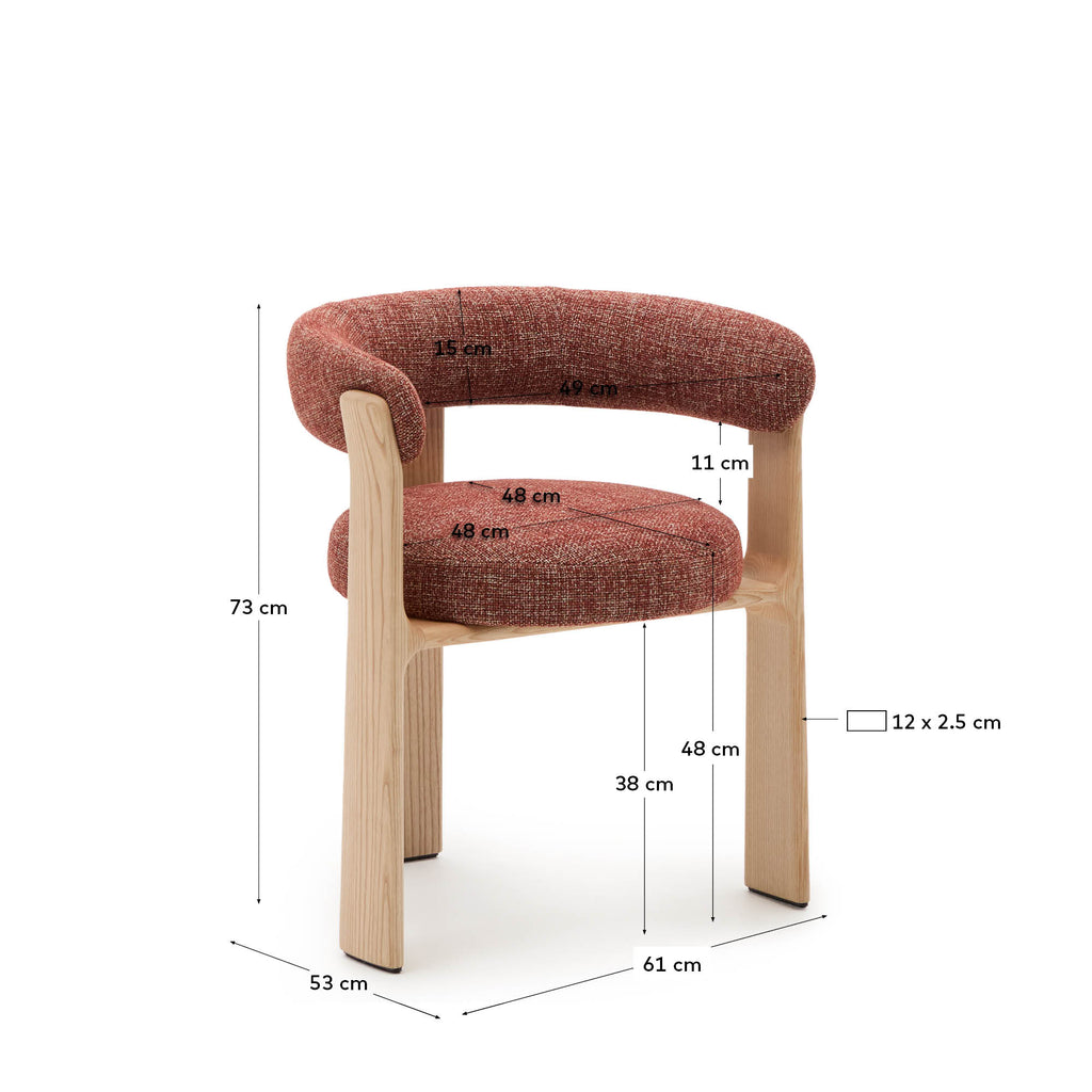 Granite 3-legged chair terracotta chenille and solid ash wood in a natural finish FSC 100%