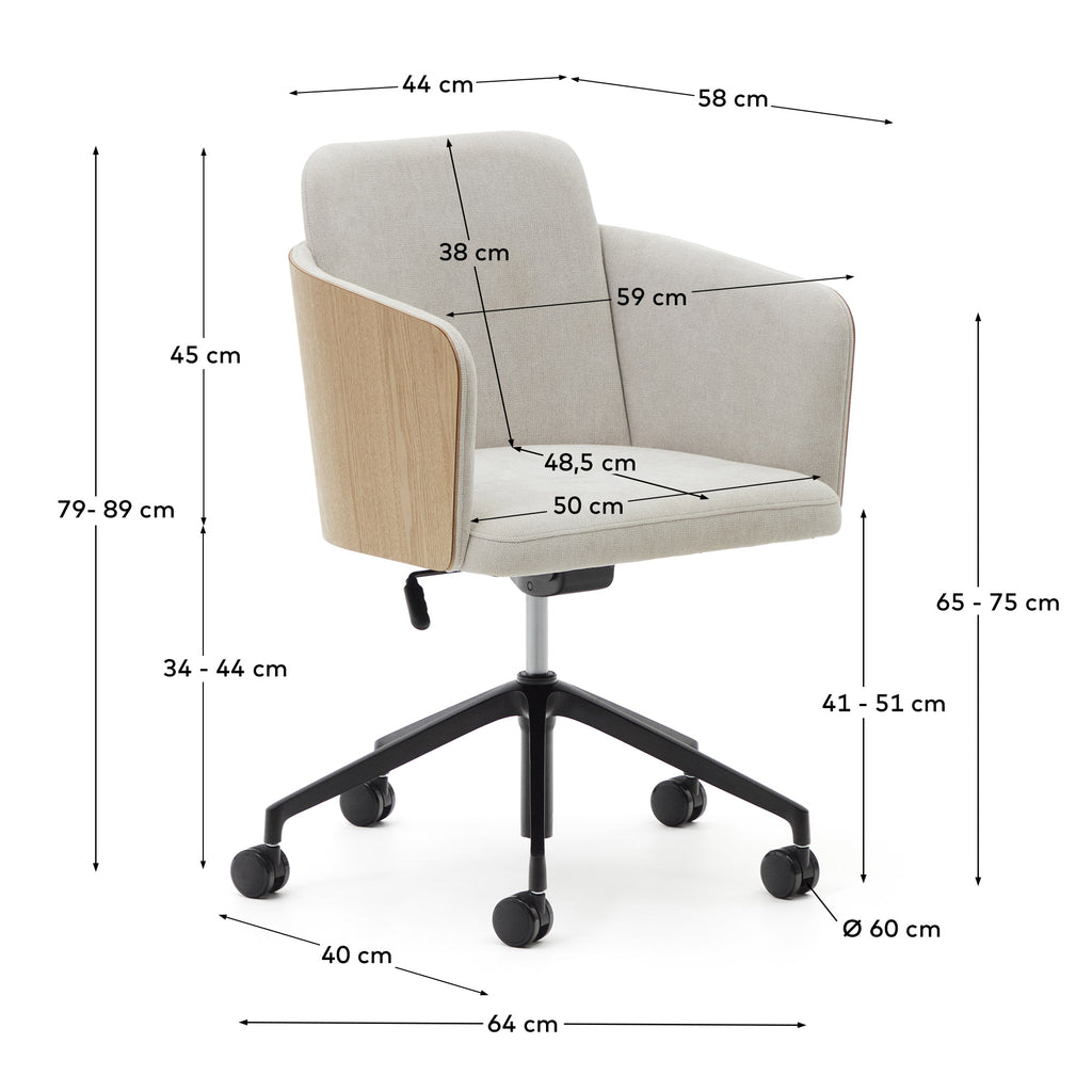 Madai desk chair in beige chenille and ash veneer with natural finish FSC Mix Credit