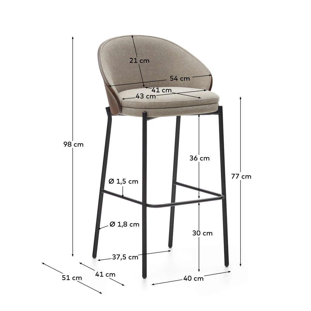 Eamy stool light brown chenille and ash wood veneer with a wenge finish and black metal, 77 cm