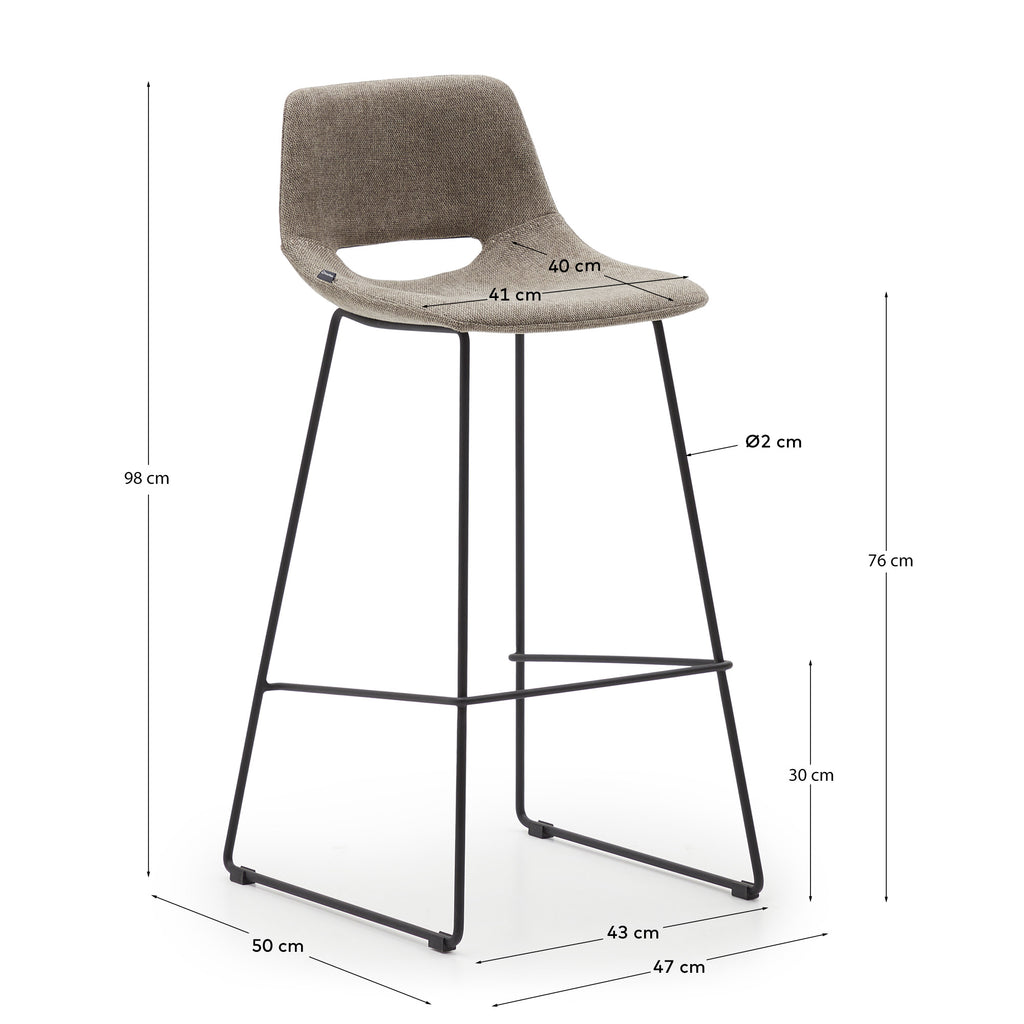 Zahara bar stool in brown with steel legs in black finish, height 76 cm