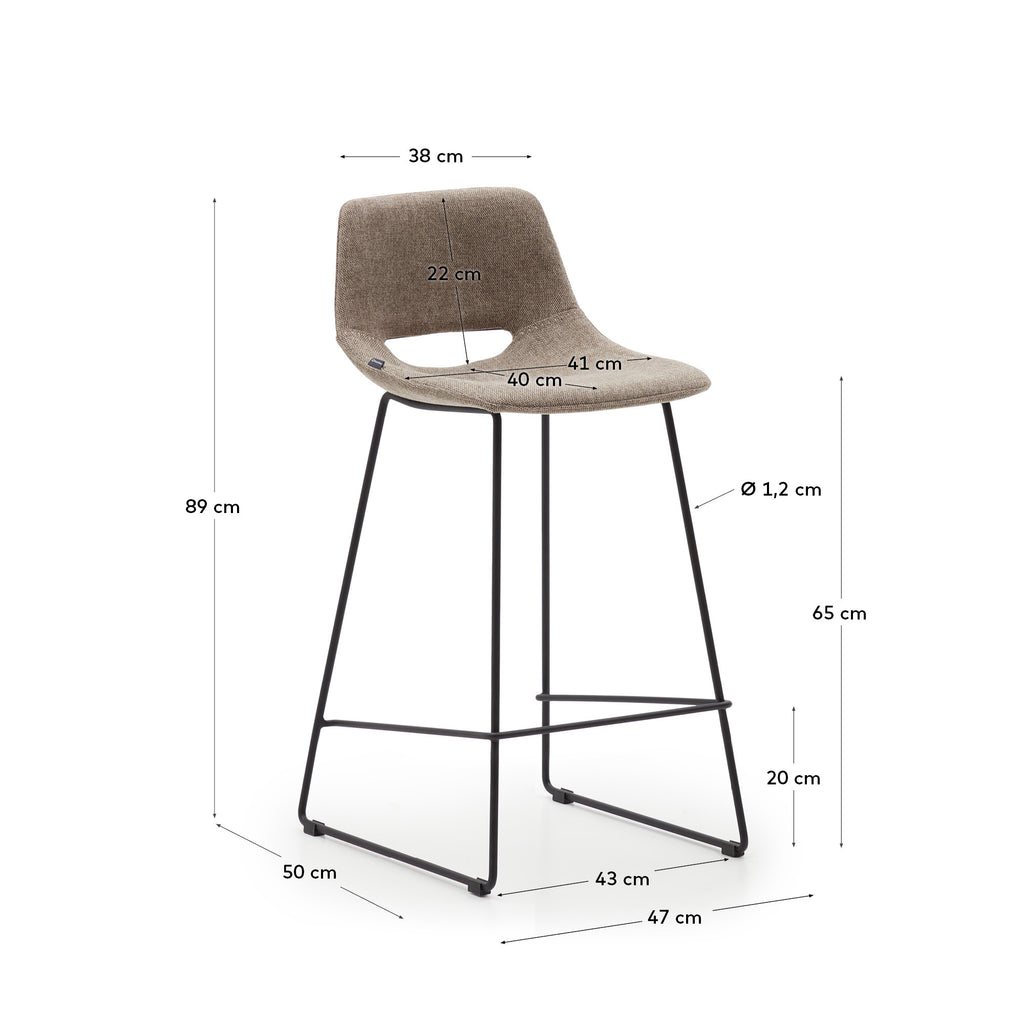 Zahara bar stool in brown with steel legs in black finish, height 65 cm