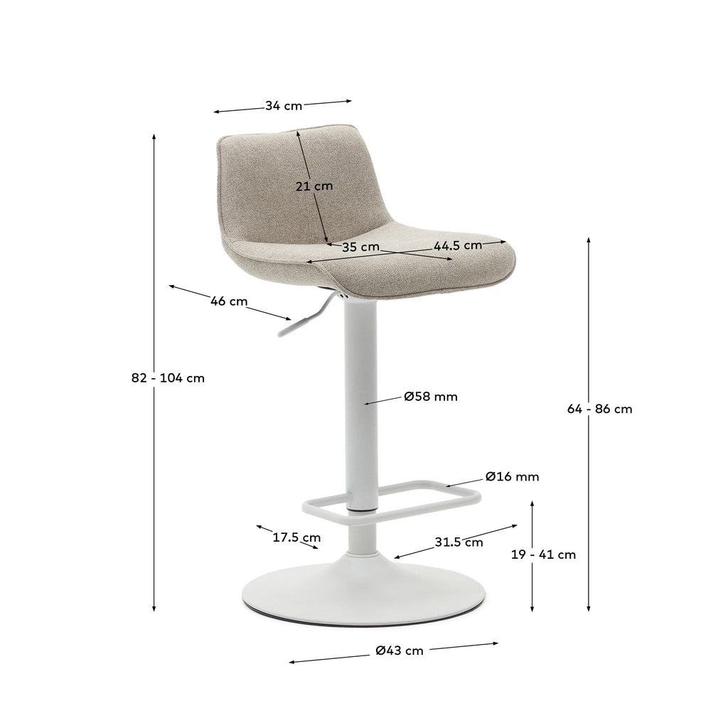 Zenda stool in beige chenille and matt white steel 81-102 cm FSC 100%