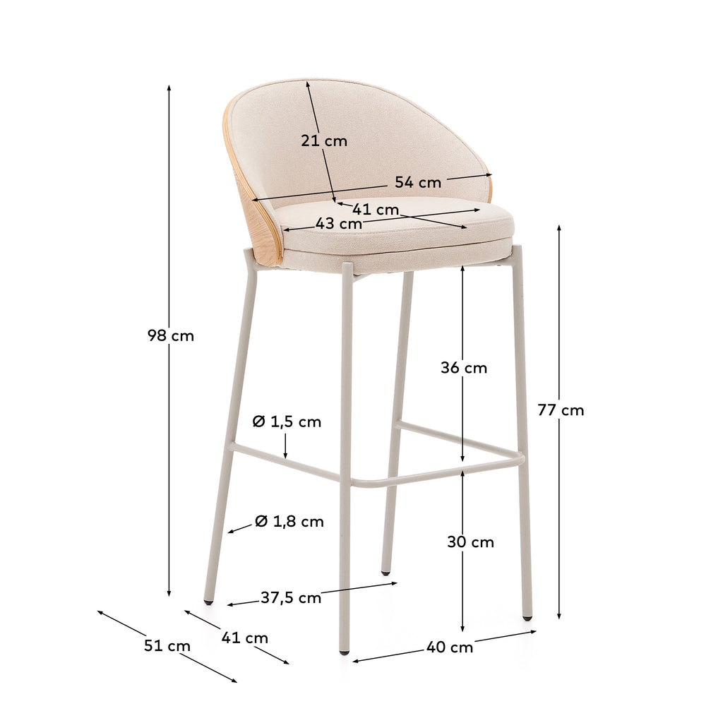 Eamy stool in beige chenille, in a natural finish ash veneer and beige metal and a height of 77 cm