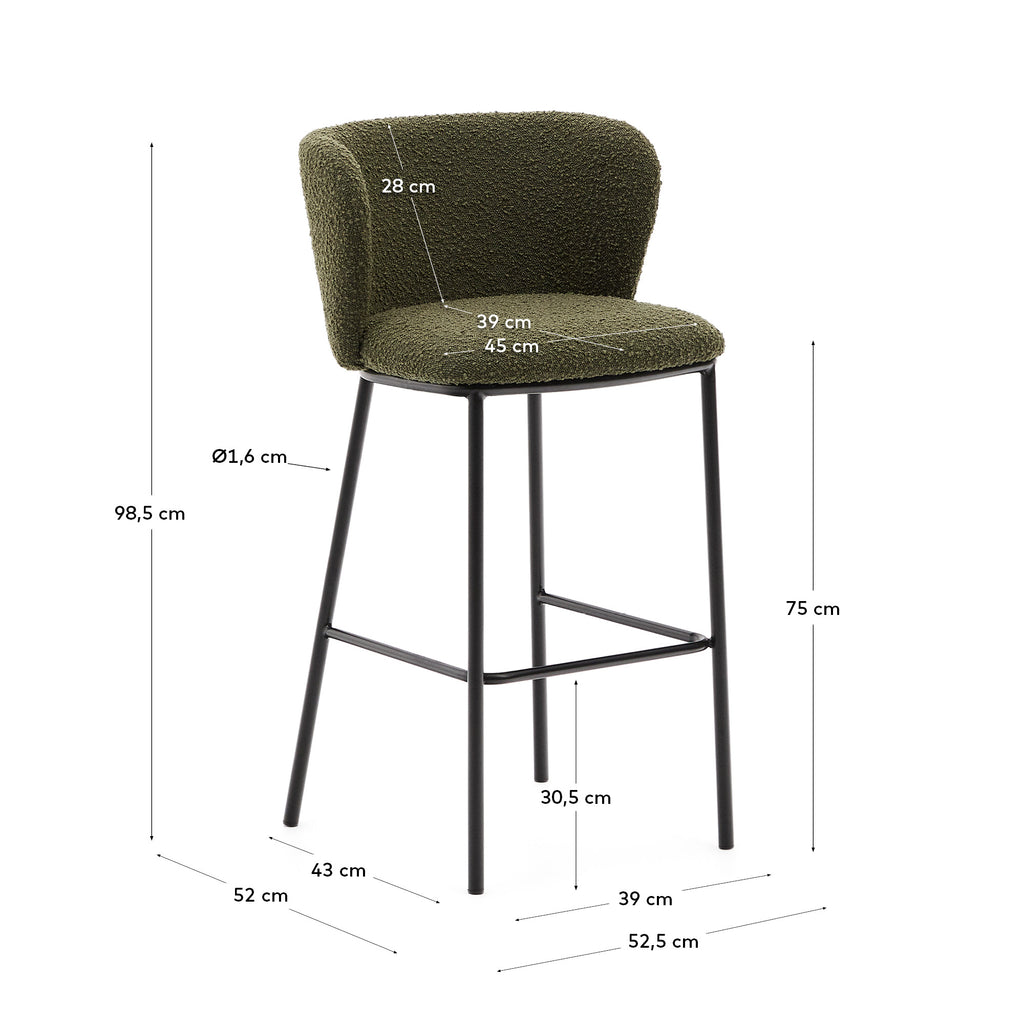 Ciselia stool in green bouclé and black steel, height 75 cm, FSC Mix Credit