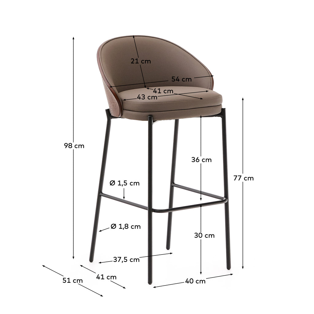 Eamy stool in brown faux leather, ash veneer with walnut finish and brown metal 77 cm