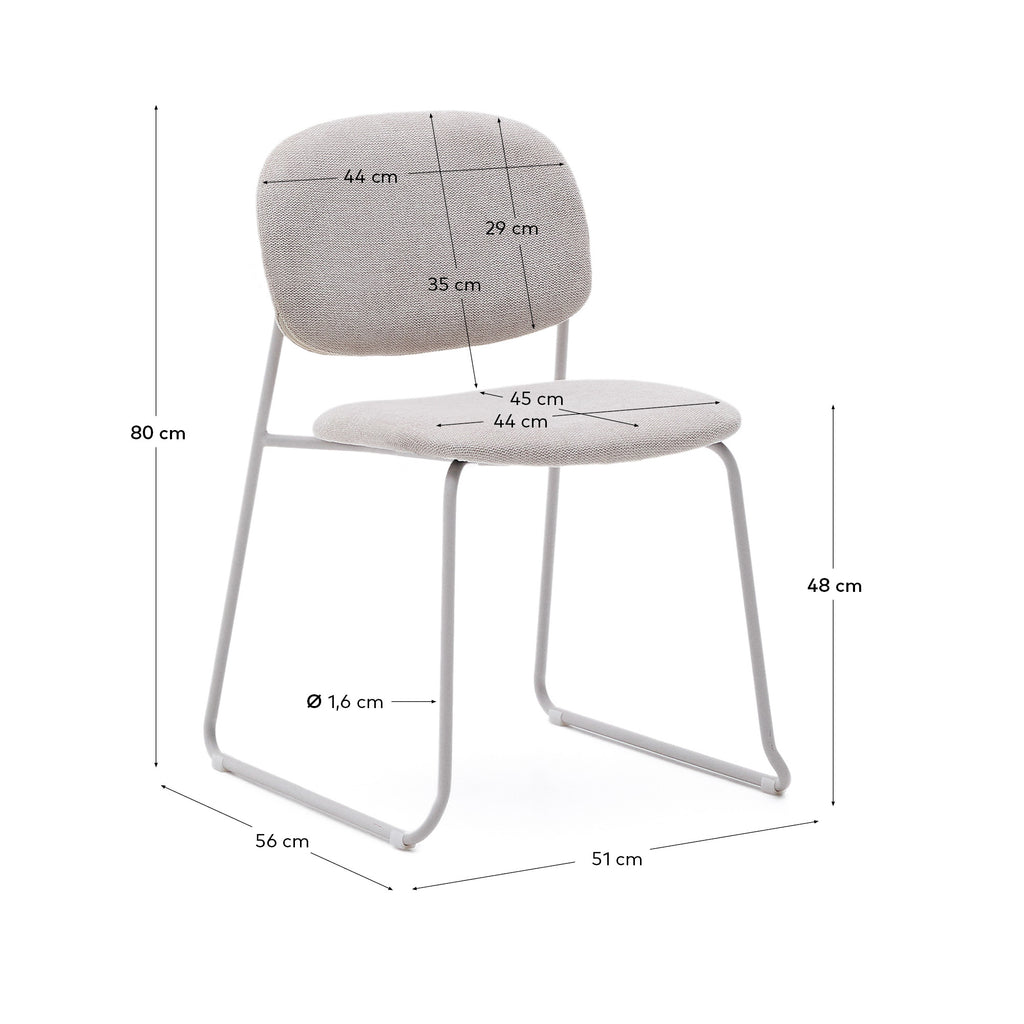 Meli stackable chair in beige chenille with beige metal legs FSC Mix Credit