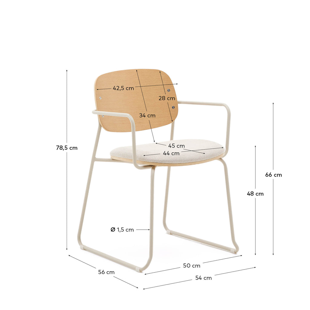 Meli chair in ash veneer with beige chenille seat and beige metal structure FSC Mix Credit