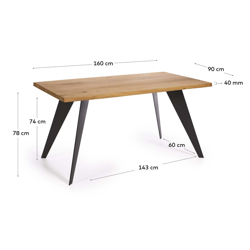 Koda oak veneer table with natural finish and steel legs with black finish 160 x 90 cm