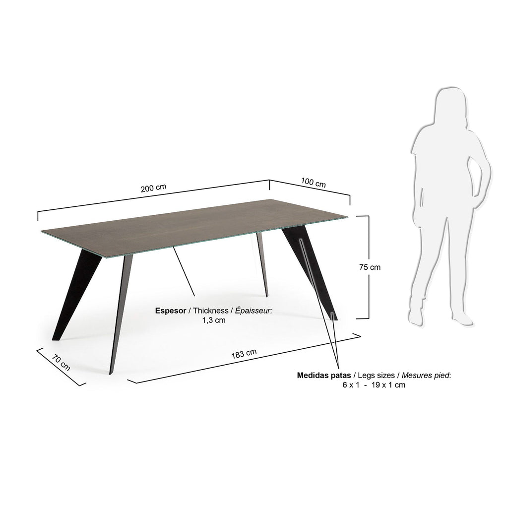 Koda ceramic table with Iron Moss finish and steel legs with black finish 200 x 100 cm