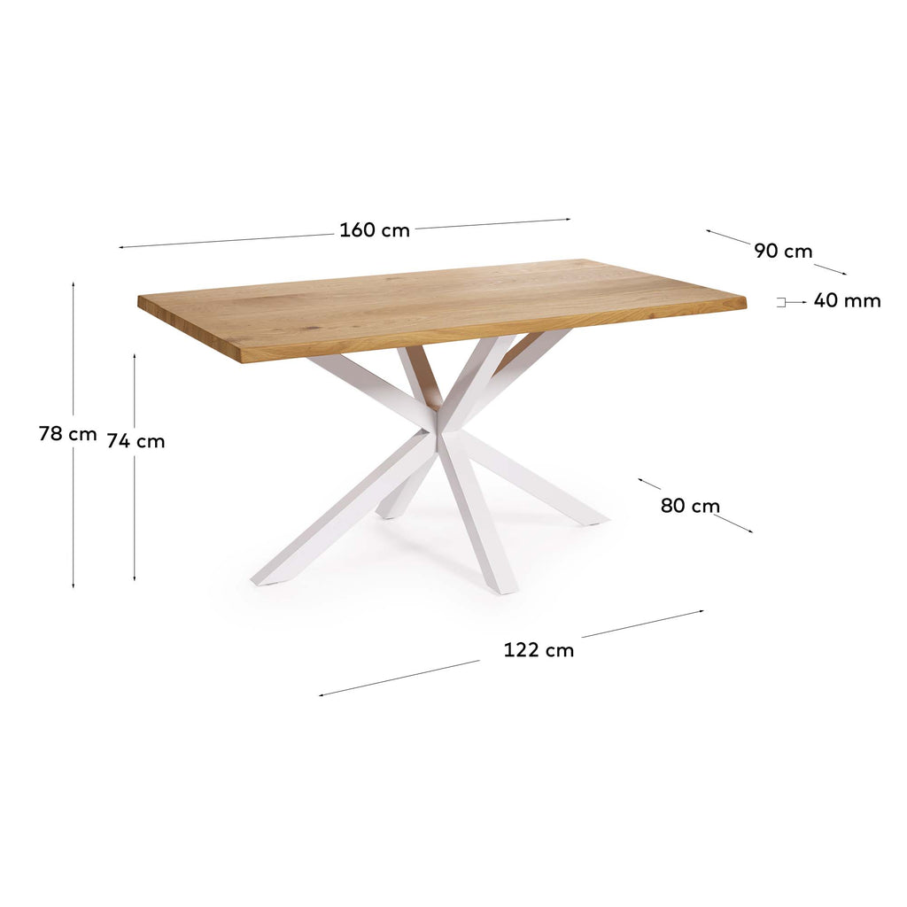 Argo oak veneer table with natural finish and steel legs with white finish 160 x 90 cm