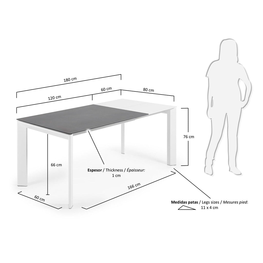 Axis porcelain extendable table in Volcano Rock finish with white steel legs 120 (180) cm