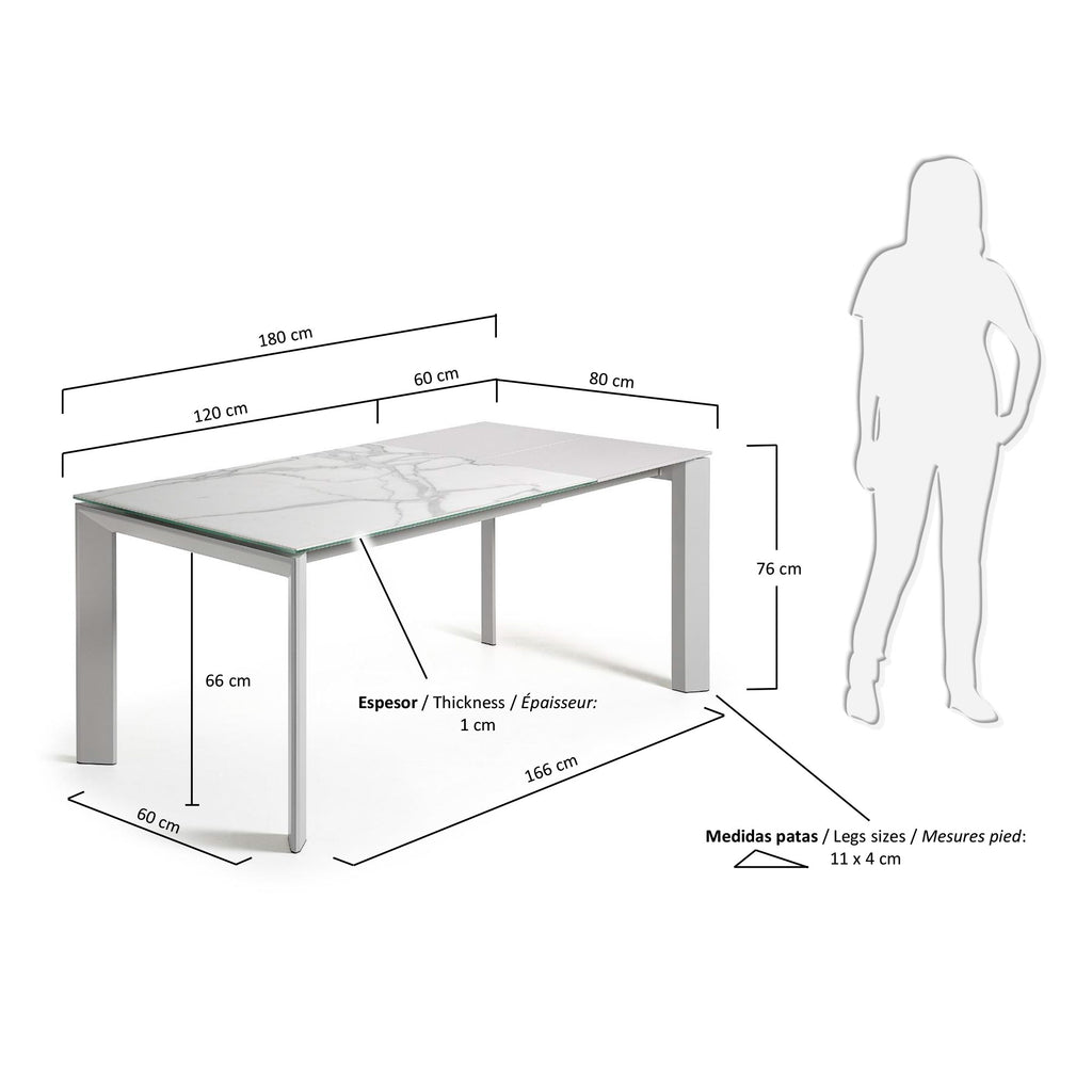 Axis porcelain extendable table in White Kalos finish with white legs 120 (180) cm