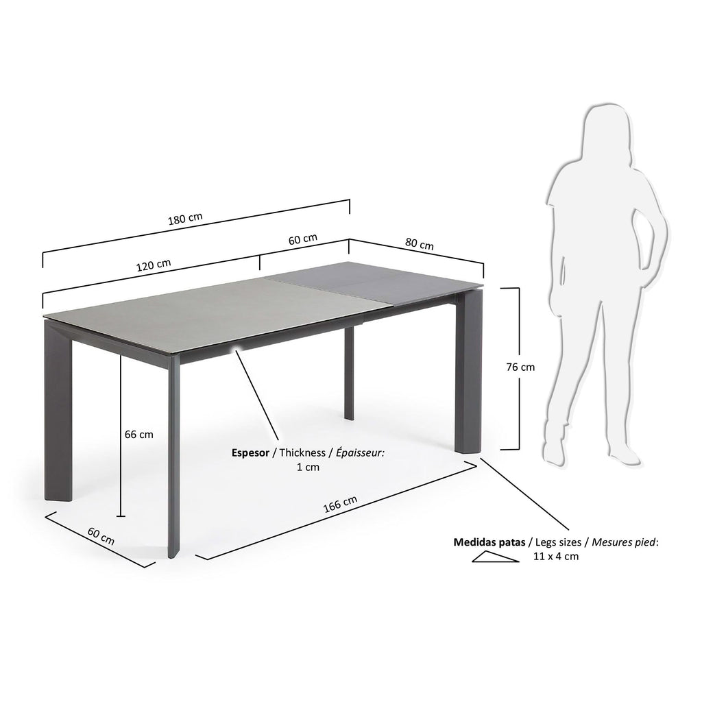 Axis extendable ceramic table in Hydra Plomo finish, anthracite steel legs 120 (180) cm