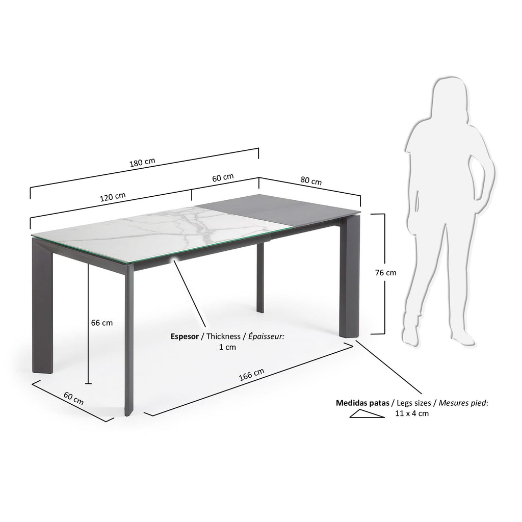 Axis extendable porcelain table with Kalos Blanco finish and dark grey legs, 120 (180) cm