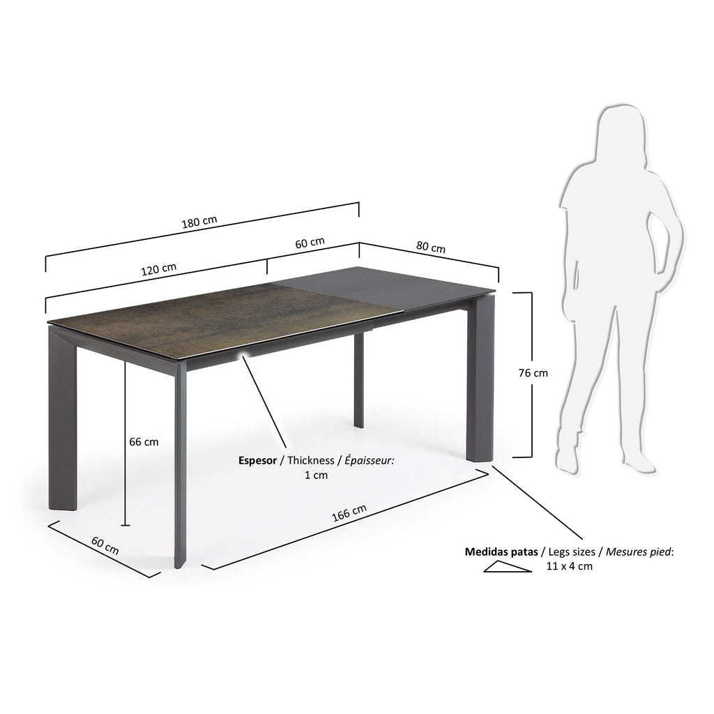Axis porcelain extendable table in Iron Moss finish with anthracite steel legs 120 (180)cm