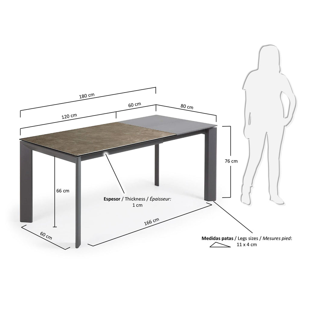 Axis extendable ceramic table in Vulcano Ceniza finish, anthracite steel legs 120 (180)cm