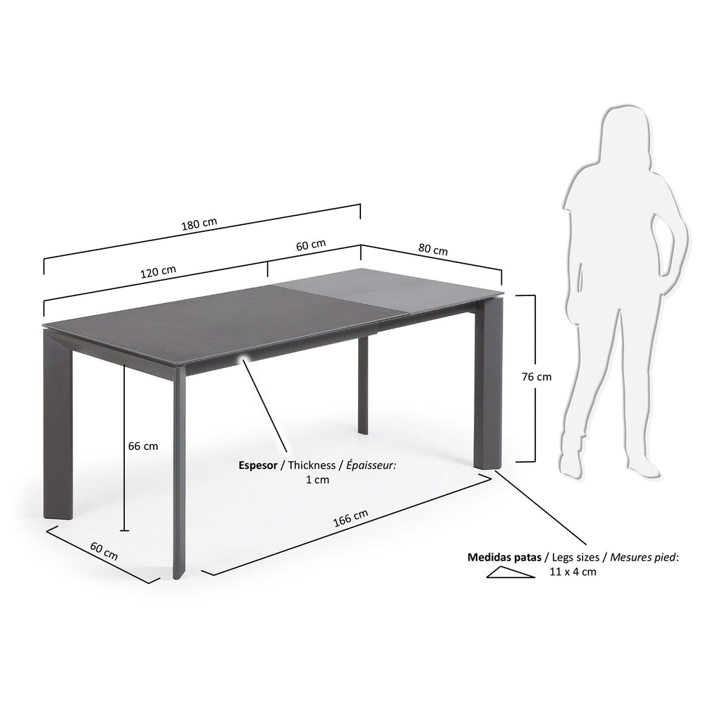 Axis extendable porcelain table with Volcano Rock finish and dark grey steel legs, 120 (180) cm