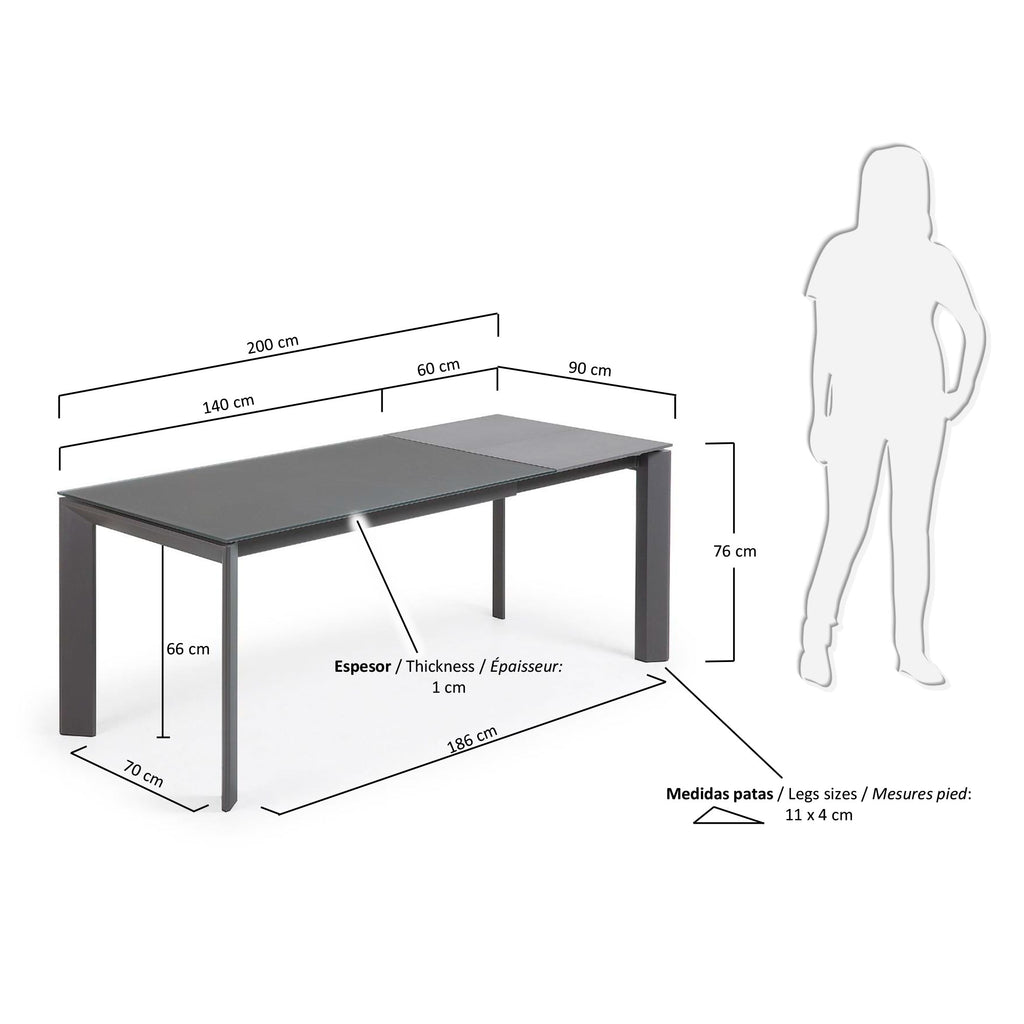 Axis extendable table in grey glass with steel legs in a dark grey finish, 140 (200) cm