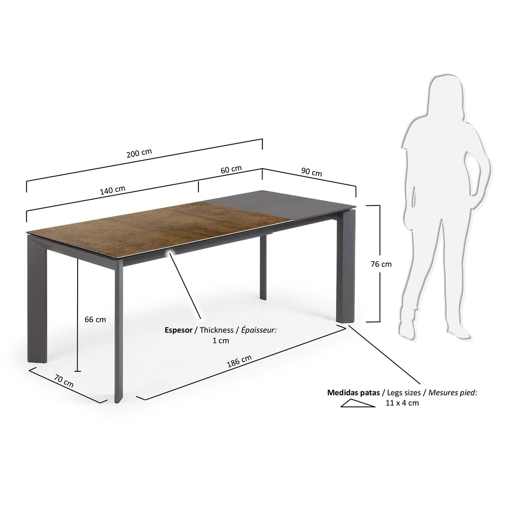 Axis extendable porcelain table with Iron Corten finish and dark grey steel legs, 140 (200) cm