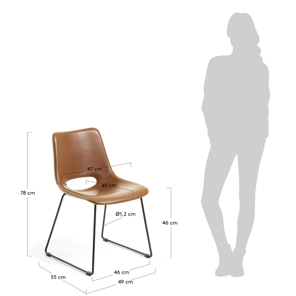 Zahara synthetic leather brown chair with steel legs with black finish