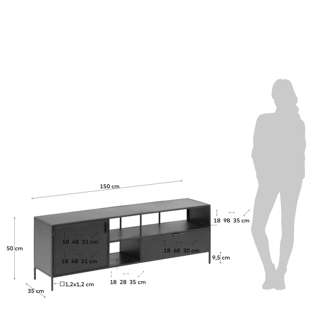 Shantay metal TV stand in a painted black finish with 1 door and drawer, 150 x 50 cm