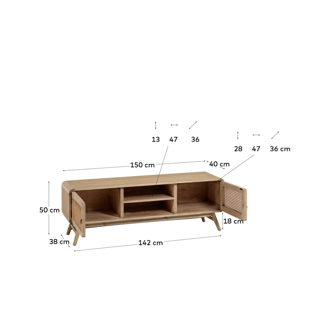 Nalu 2 door solid white cedarwood & rattan TV stand, 150 x 50 cm