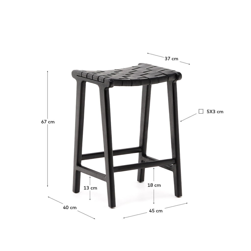 Calixta stool in leather and solid mahogany wood with black finish, 67 cm height