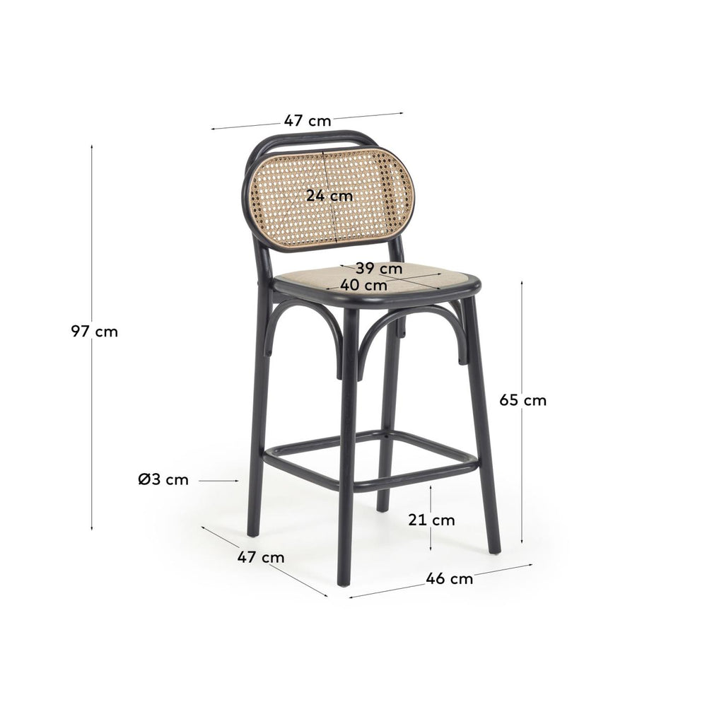 Doriane 65 cm height solid elm stool black lacquer finish and upholstered seat